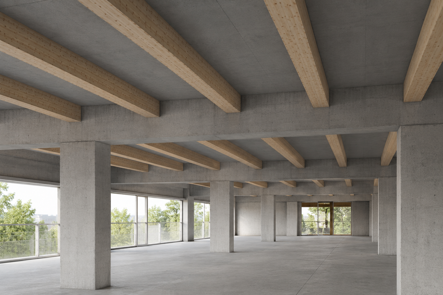 Plateau libre grande portée en structure mixte bois-béton Timberdal, poutres en bois lamellé-collé apparentes et sous-face béton lisse